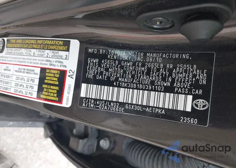 2011 Toyota Avalon Limited z USA, uszkodzony, nr VIN 4T1BK3DB1BU391103